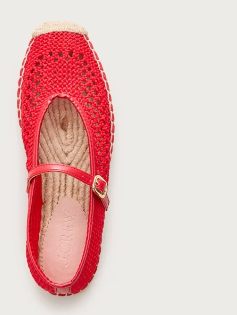 J crew Made-in-Spain Sophie Mary Jane espadrilles with crochet passion rouge